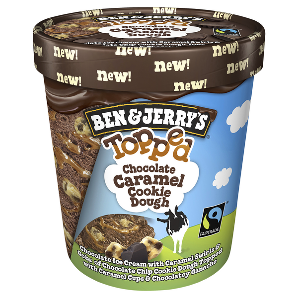 slide 1 of 1, Ben & Jerry's Topped Ice Cream Chocolate Caramel Cookie Dough, 1 pint