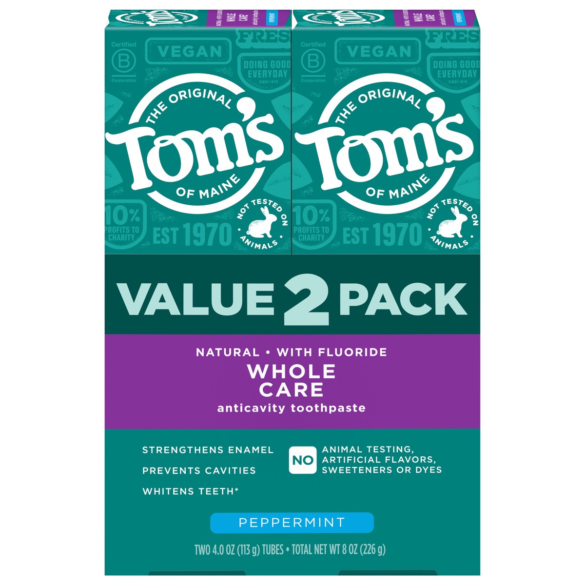 slide 1 of 7, Tom's of Maine Whole Care Natural Toothpaste with Fluoride, Peppermint, 4 Oz.. 2-Pk., 2 ct