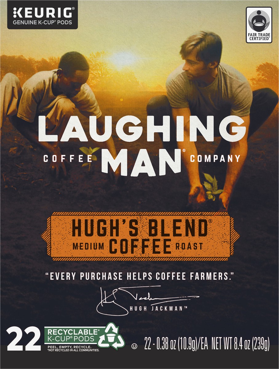 slide 1 of 9, Laughing Man Hugh's Blend Medium Roast Coffee K-Cup Pods 22-0.38 oz Cup/Tub/Bowl, 22 ct