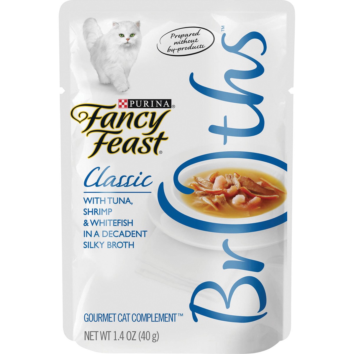 slide 1 of 9, Fancy Feast Classic Broths with Tuna, Shrimp & Whitefish Gourmet Cat Complement, 1.4 oz