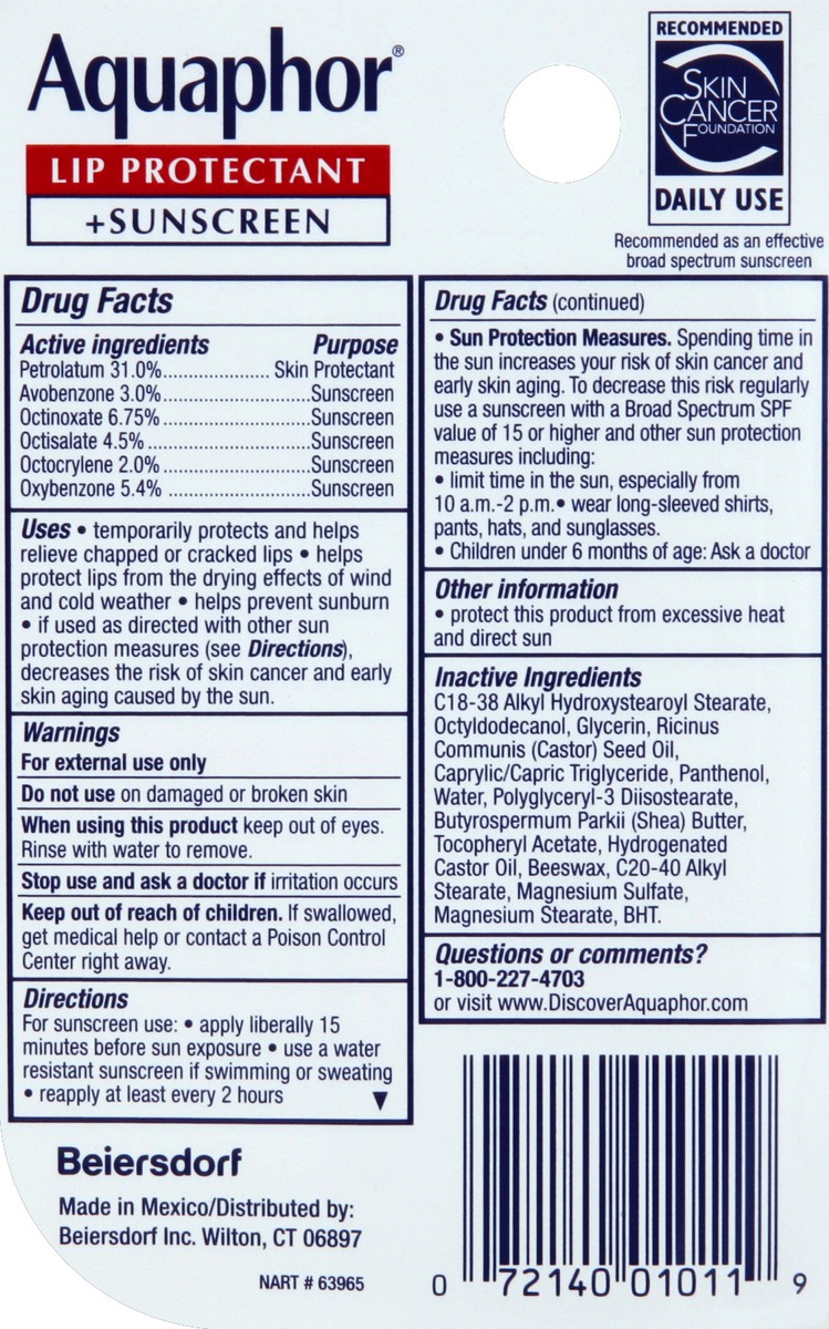 slide 3 of 7, Aquaphor Lip Repair + Protect, Broad Spectrum SPF 30 - .35 fl. oz. Carded Pack, 0.35 oz