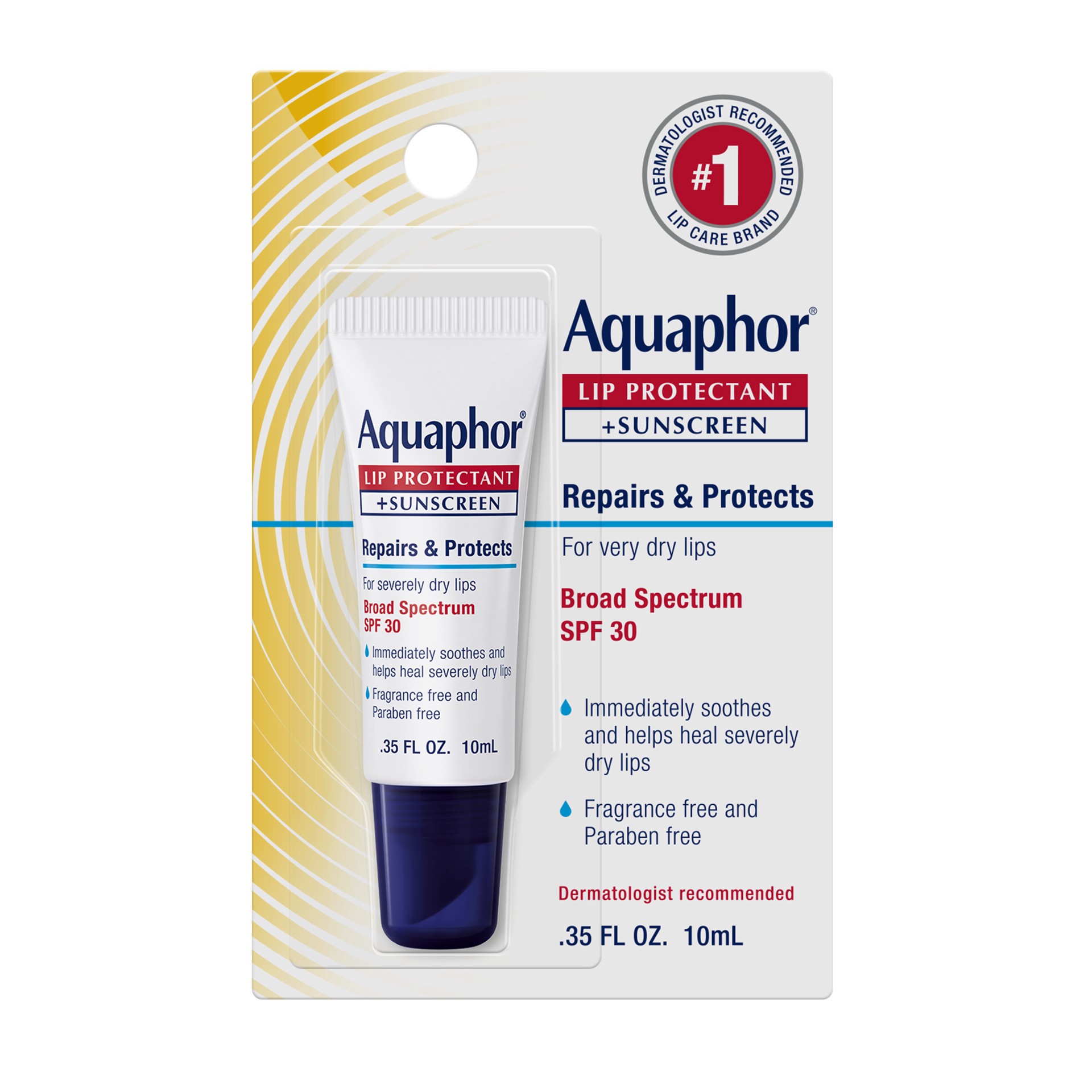 slide 1 of 7, Aquaphor Lip Repair + Protect, Broad Spectrum SPF 30 - .35 fl. oz. Carded Pack, 0.35 oz