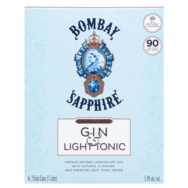 slide 1 of 1, Bombay Sapphire Gin & Light Tonic, 250 ml