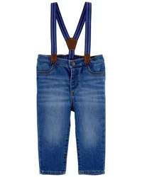 Oshkosh Baby Knit-Denim Suspender Pants - Blue - 24 Months