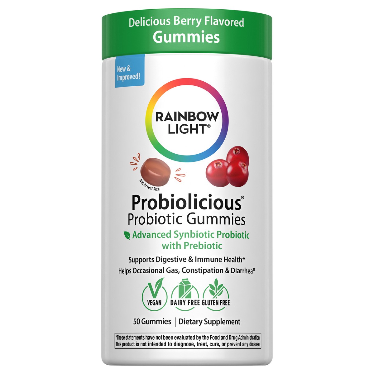 slide 1 of 5, Rainbow Light Probiolicious Probiotic and Prebiotic Gummies, Berry Flavor, 50 Count, 1 Bottle, 50 ct