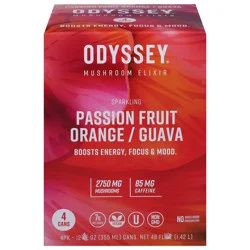 Odyssey Sparkling Energy + Focus Passion Fruit Orange/Guava Mushroom Elixir - 4 x 12 fl oz Cans