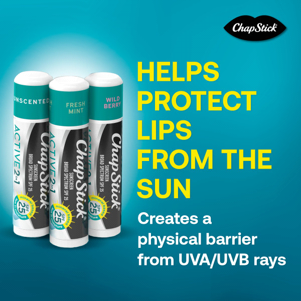 slide 5 of 29, ChapStick Variety Pack Broad Spectrum SPF 25 Active 2 in 1 Sunscreen Variety Pack 3 - 0.18 oz Sticks, 3 ct