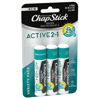 slide 4 of 29, ChapStick Variety Pack Broad Spectrum SPF 25 Active 2 in 1 Sunscreen Variety Pack 3 - 0.18 oz Sticks, 3 ct