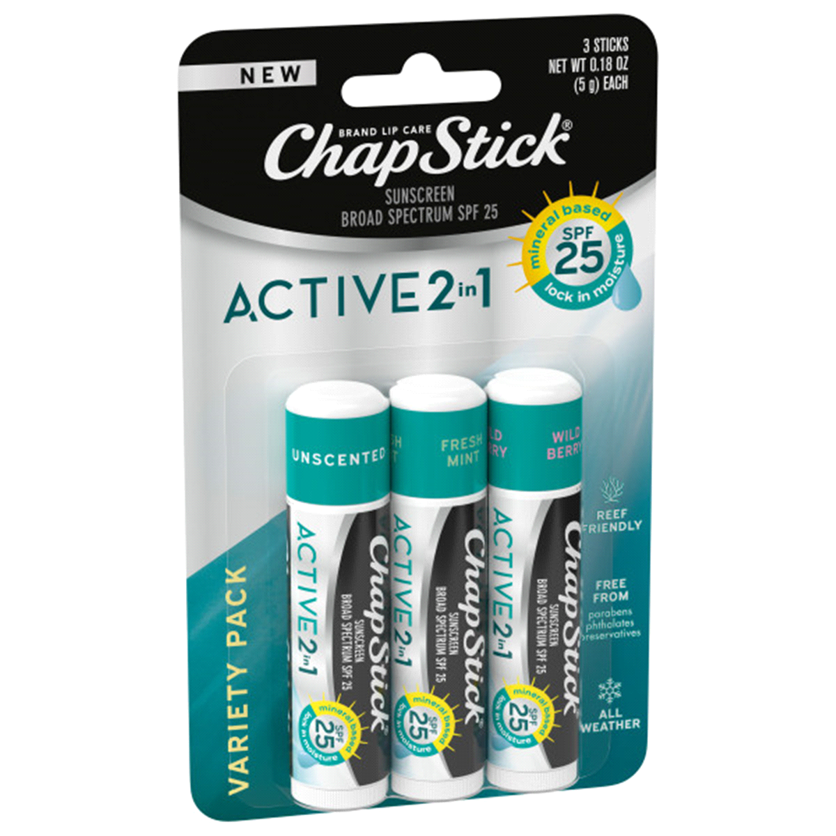 slide 9 of 29, ChapStick Variety Pack Broad Spectrum SPF 25 Active 2 in 1 Sunscreen Variety Pack 3 - 0.18 oz Sticks, 3 ct