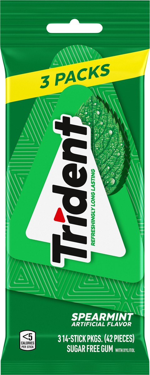 slide 9 of 9, Trident Spearmint Sugar Free Gum, 3 Packs of 14 Pieces (42 Total Pieces), 2.81 oz