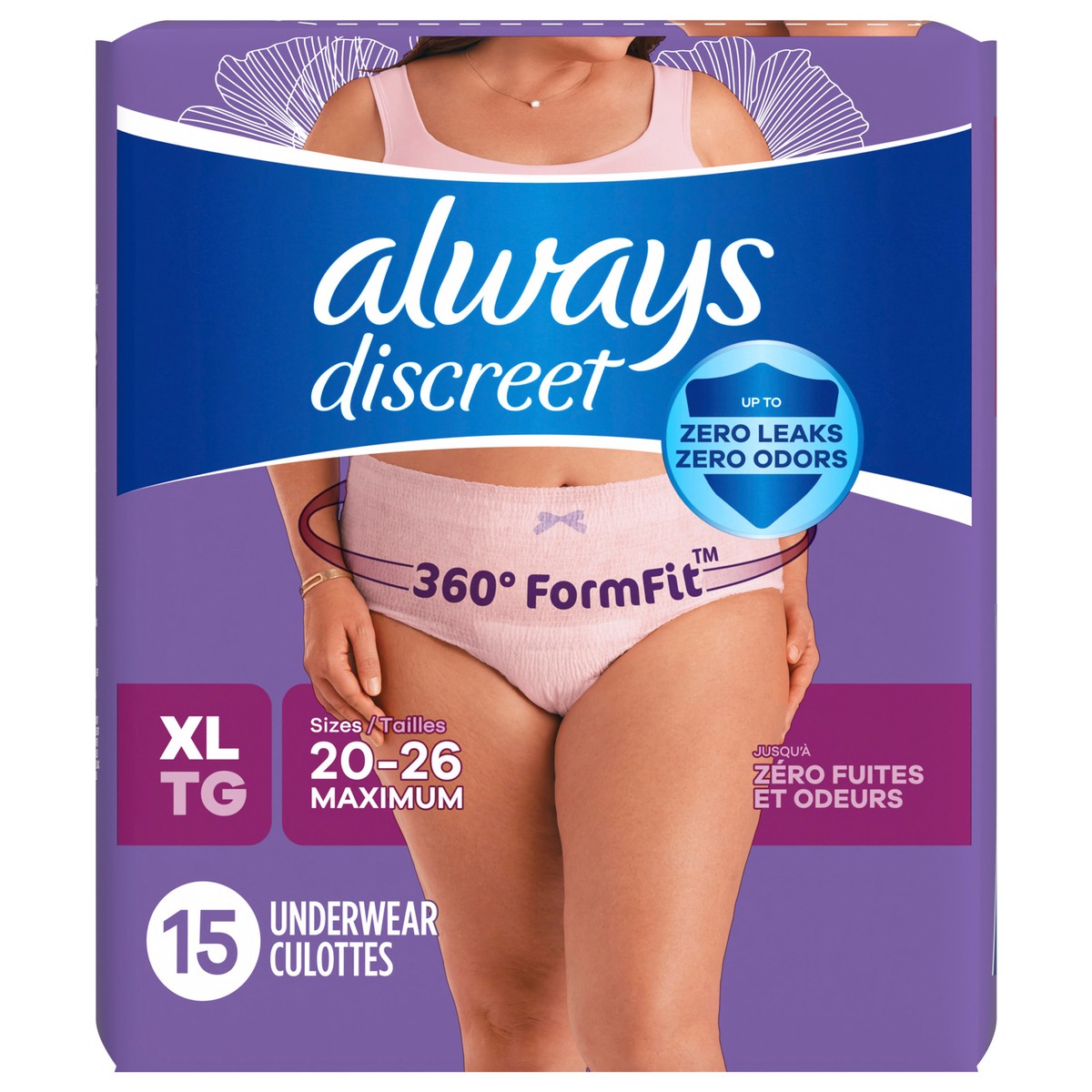 slide 1 of 4, Always Discreet Adult Incontinence Underwear for Women and Postpartum Underwear, XL, Up to 100% Bladder Leak Protection, 15 CT, 15 ct
