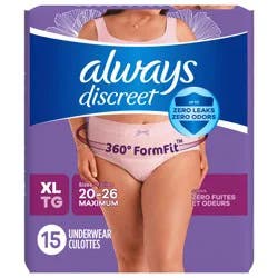 Always Discreet Adult Incontinence Underwear for Women and Postpartum Underwear, XL, Up to 100% Bladder Leak Protection, 15 CT