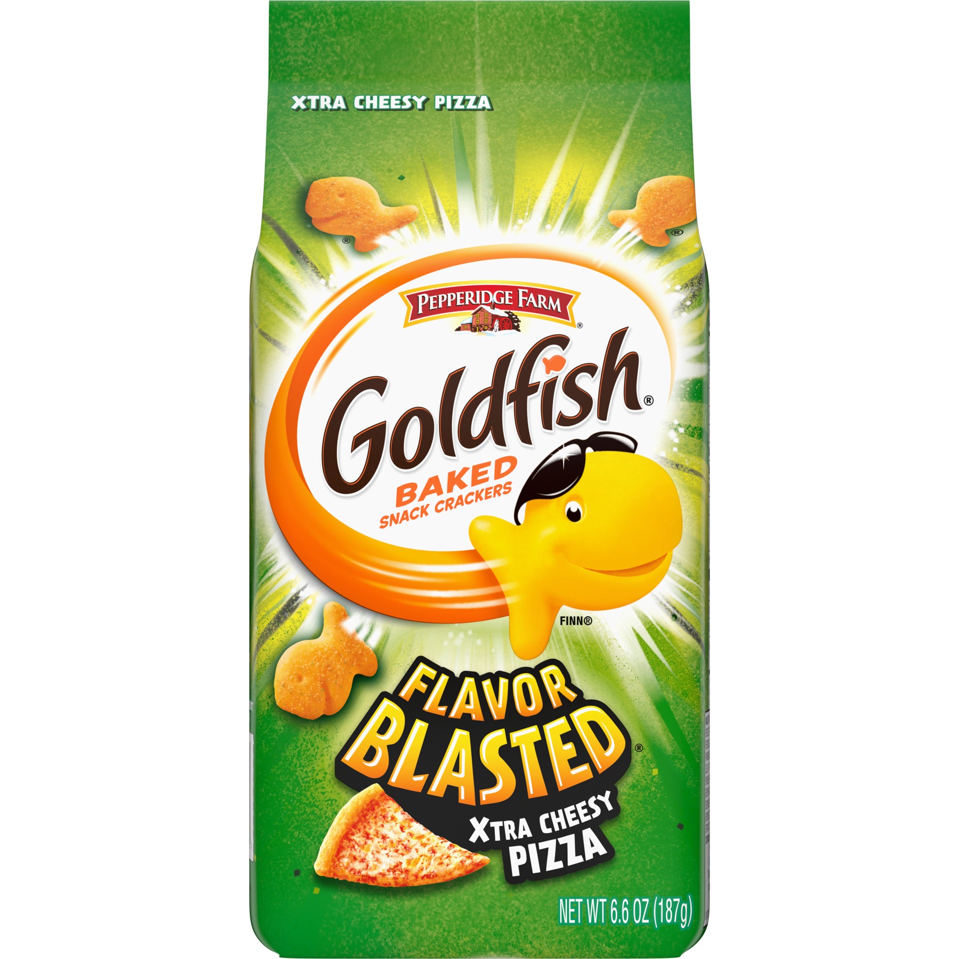 slide 1 of 9, Goldfish Flavor Blasted Xtra Cheesy Pizza Crackers, 6.6 oz. Bag, 6.6 oz