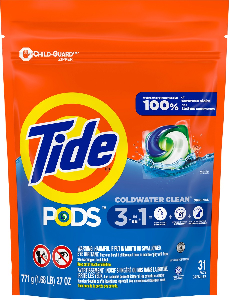 slide 5 of 7, Tide PODS Liquid Laundry Detergent Soap Pacs, HE Compatible, 31 Count, Powerful 3-in-1 Clean in one Step, Original Scent, 31 ct