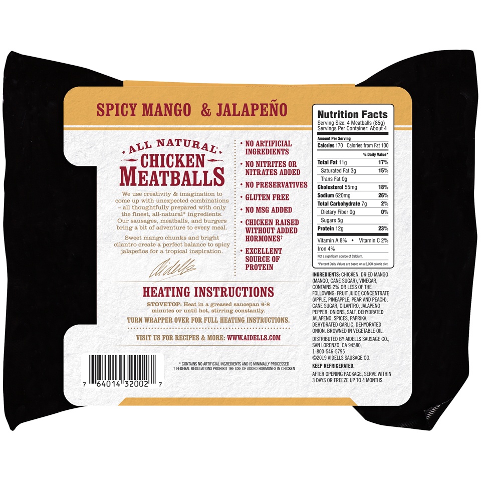 slide 2 of 4, Aidells Meatballs Chicken Spicy Mango & Jalepeno, 12 oz