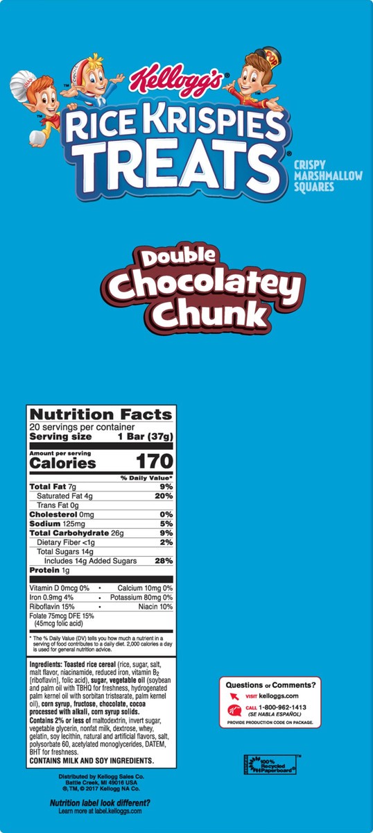 slide 2 of 7, Rice Krispies Treats Marshmallow Snack Bars, Kids Snacks, School Lunch, Double Chocolatey Chunk, 26oz Box, 20 Bars, 26 oz