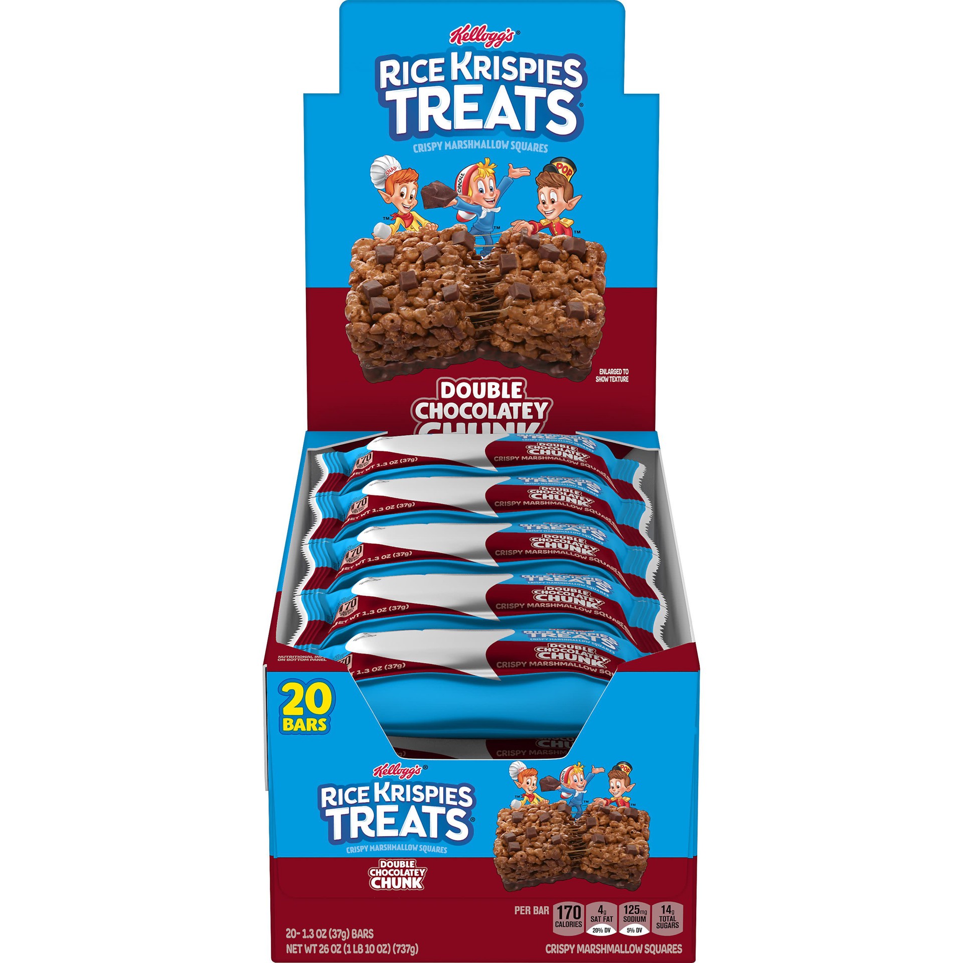 slide 1 of 7, Rice Krispies Treats Marshmallow Snack Bars, Kids Snacks, School Lunch, Double Chocolatey Chunk, 26oz Box, 20 Bars, 26 oz