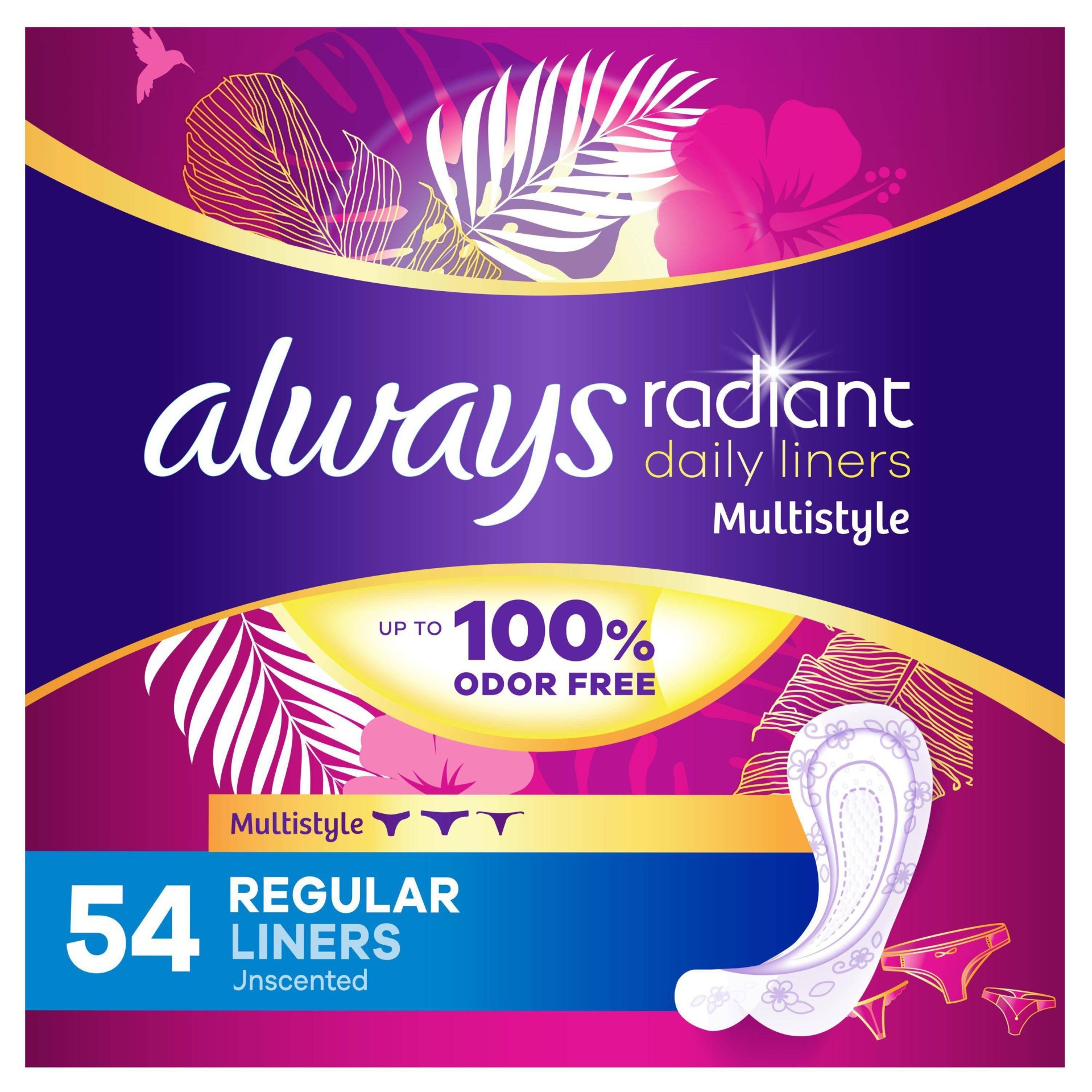 slide 1 of 1, Always Radiant Daily Multistyle Liners Regular Absorbency Unscented, Up to 100% Odor-free, 54 Count, 54 ct