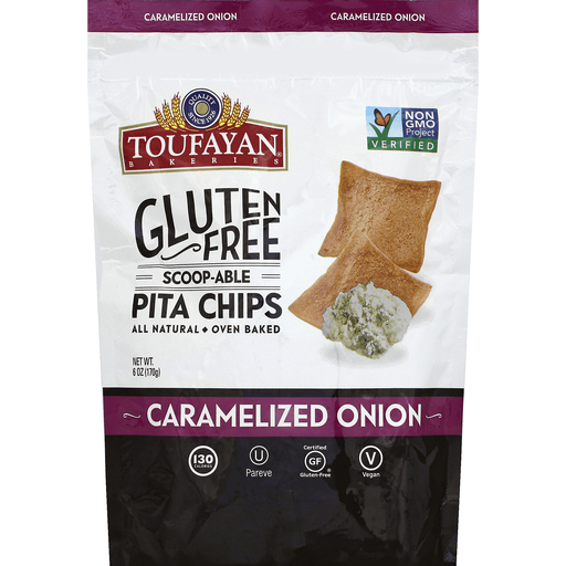 slide 1 of 1, Toufayan Gluten Free Scoop-Able Caramelized Onion Pita Chips, 6 oz