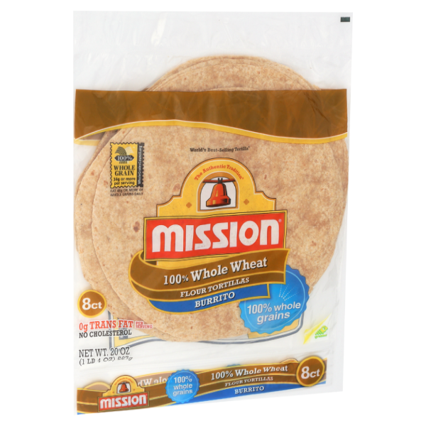 slide 1 of 5, Mission 100% Whole Wheat Burrito Tortilla 8ct, 8 ct