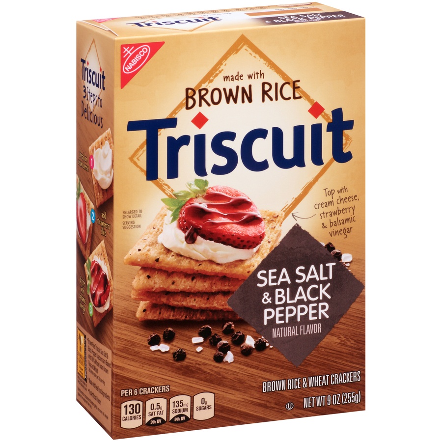 slide 2 of 8, Triscuit Sea Salt & Black Pepper Brown Rice Crackers, 9 oz