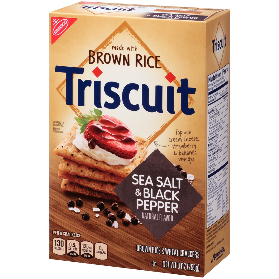 slide 3 of 8, Triscuit Sea Salt & Black Pepper Brown Rice Crackers, 9 oz