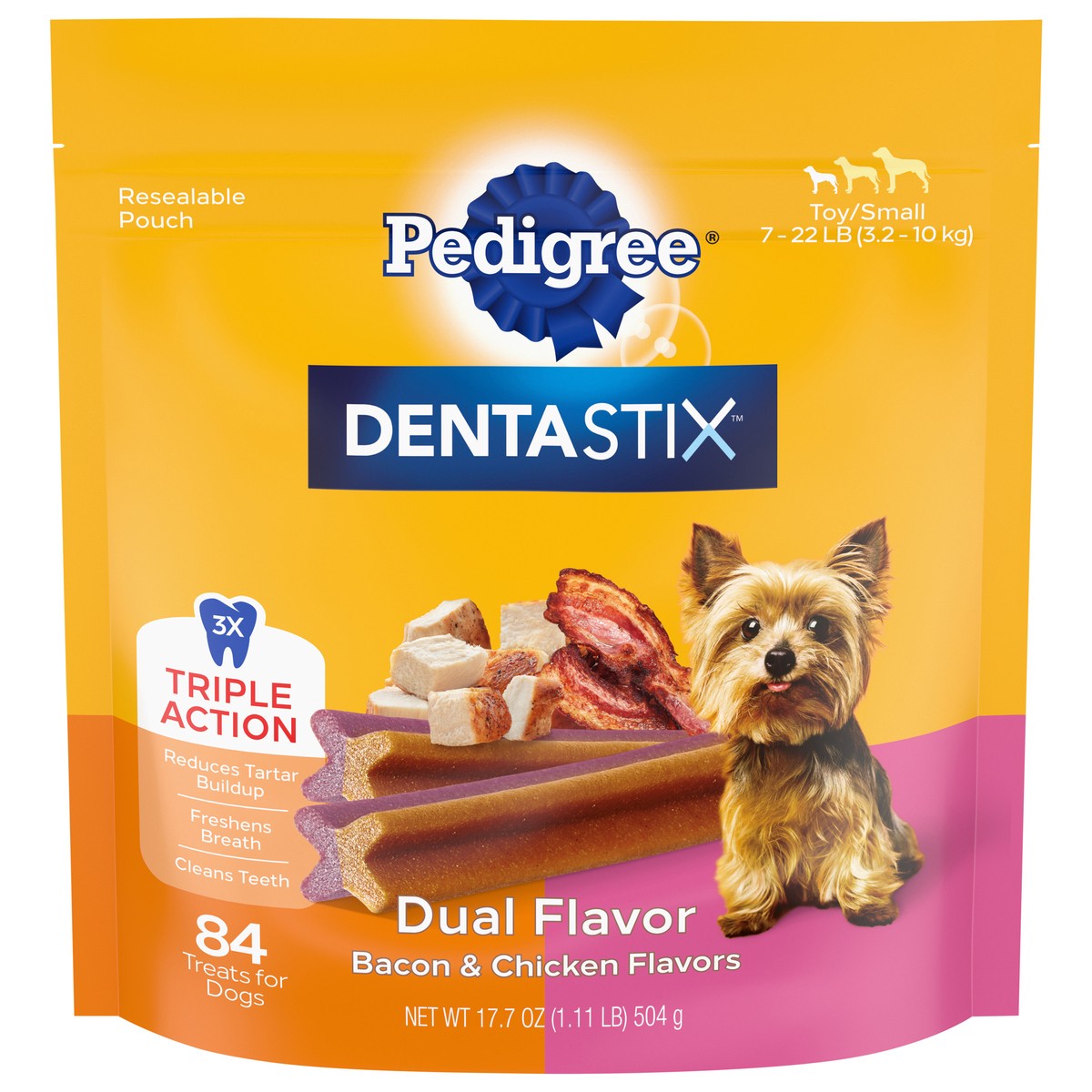 slide 1 of 5, Dentastix Toy/Small 7-22 Lb (3.2 - 10 kg) Bacon & Chicken Flavors Dog Treats 17.7 oz, 17.7 oz
