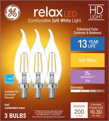 GE Relax HD 25-Watt EQ CAC Soft White Candelabra Base (e-12) Dimmable LED Light Bulb (3-Pack)