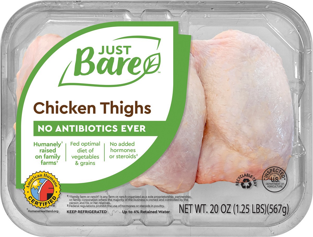 slide 2 of 2, Just BARE Brand Chicken Thighs, 20 oz