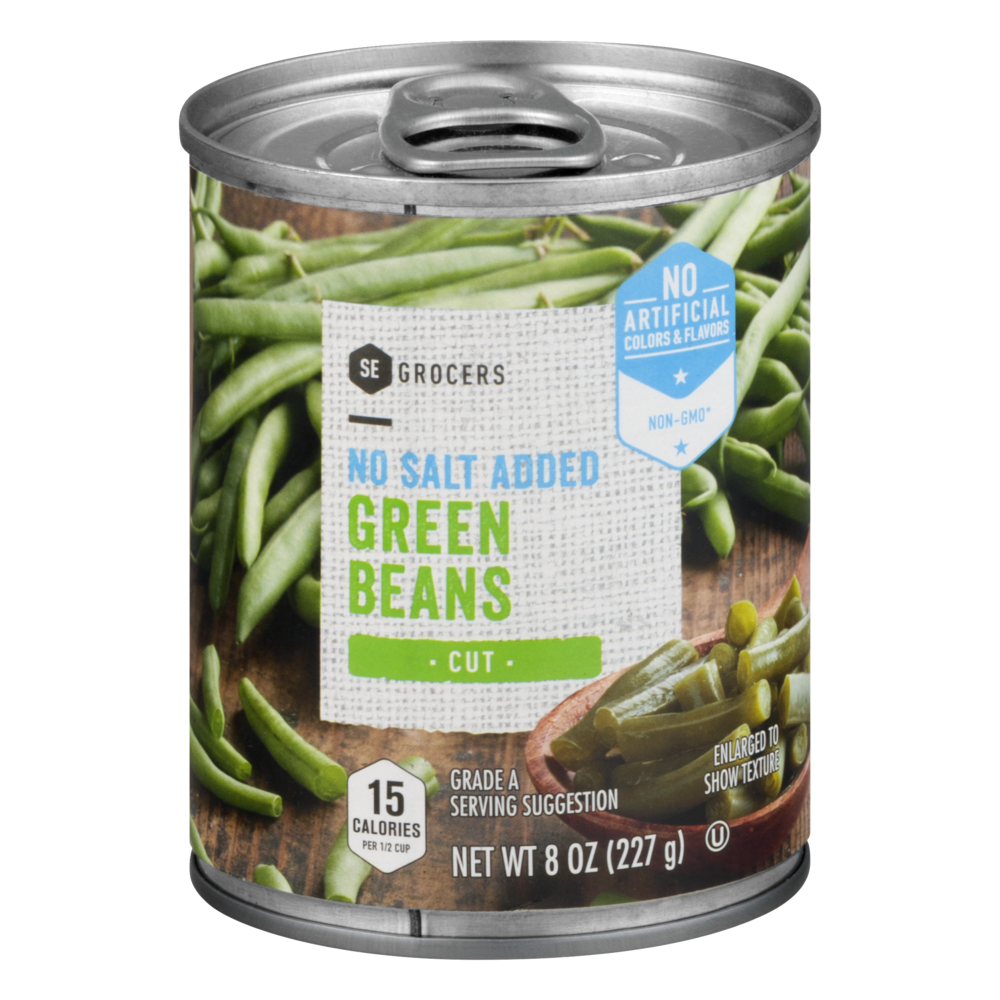 slide 1 of 1, SE Grocers Green Beans Cut No Salt Added, 8 oz