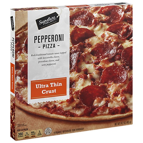 slide 1 of 1, Signature Select Pizza Ultra Thin Crust Pepperoni Frozen, 14.2 oz