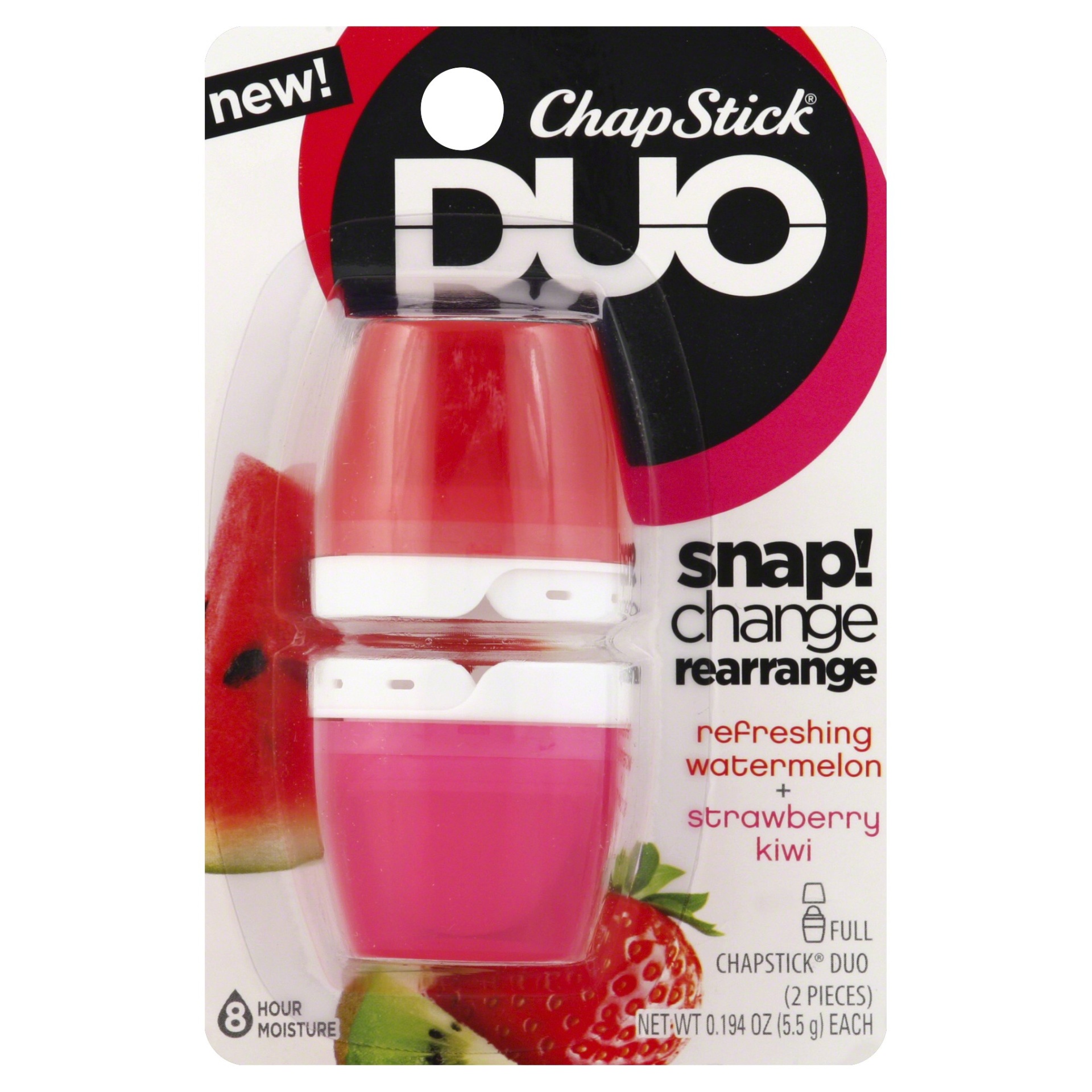 slide 1 of 1, ChapStick Duo Lip Balm, 8 Hour Moisture (Watermelon & Strawberry Kiwi Flavors), 2 ct