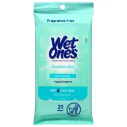 Wet Ones Sensitive Skin Extra Gentle Hand and Face Fragrance Free Wipes 20 Each