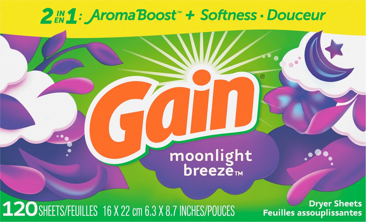 slide 11 of 12, Gain dryer sheets, 120 Count, Moonlight Breeze Scent Laundry Fabric Softener Sheets with 2-in-1 Aromaboost Plus Softness, 120 ct