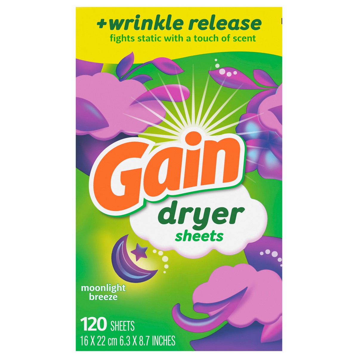 slide 1 of 12, Gain dryer sheets Plus Wrinkle Release, Moonlight Breeze Scent, 120 Count, Fights static with a touch of scent, laundry sheets, 120 ct