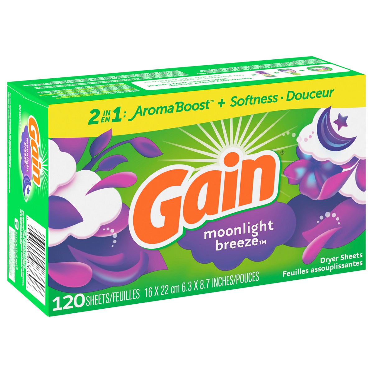 slide 6 of 12, Gain dryer sheets, 120 Count, Moonlight Breeze Scent Laundry Fabric Softener Sheets with 2-in-1 Aromaboost Plus Softness, 120 ct