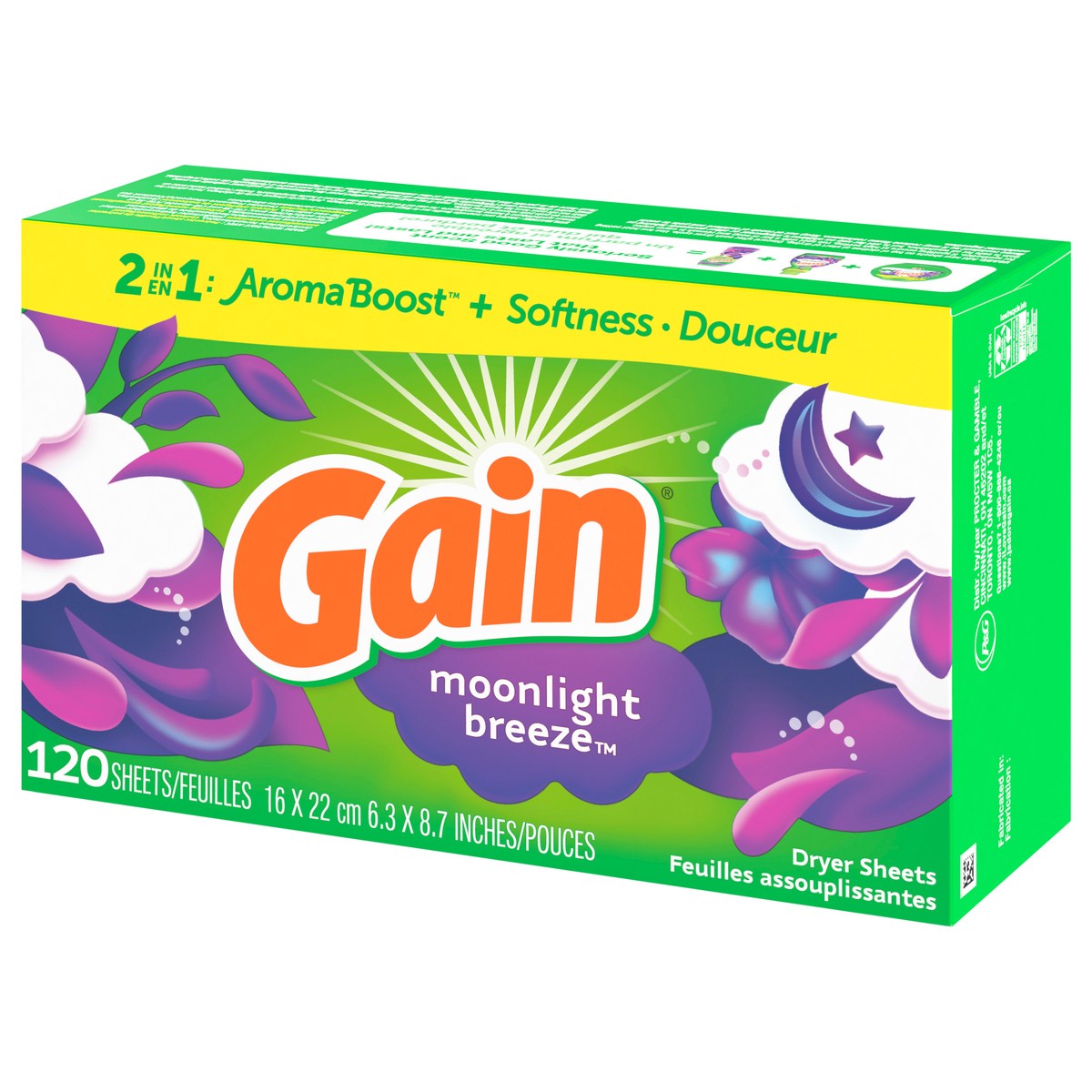 slide 7 of 12, Gain dryer sheets, 120 Count, Moonlight Breeze Scent Laundry Fabric Softener Sheets with 2-in-1 Aromaboost Plus Softness, 120 ct