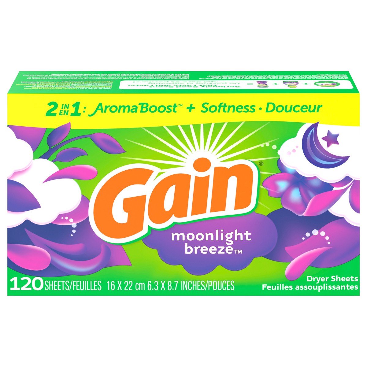 slide 1 of 12, Gain dryer sheets, 120 Count, Moonlight Breeze Scent Laundry Fabric Softener Sheets with 2-in-1 Aromaboost Plus Softness, 120 ct