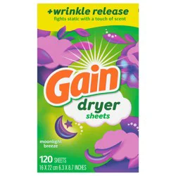 Gain dryer sheets Plus Wrinkle Release, Moonlight Breeze Scent, 120 Count, Fights static with a touch of scent, laundry sheets