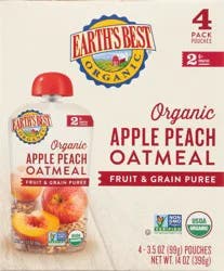 Earth's Best Organic Apple Peach Oatmeal, Stage 2, 4 Pack - 3.5 oz Pouches