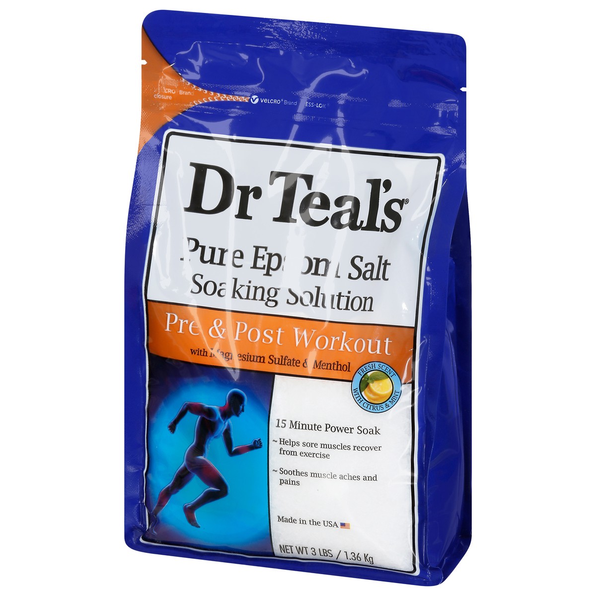 slide 7 of 13, Dr. Teal's Pre & Post Workout Pure Epsom Salt Fresh Scent with Citrus & Mint Soaking Solution 3 lb, 48 oz