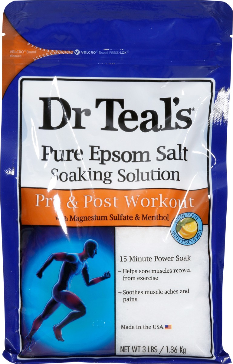 slide 6 of 13, Dr. Teal's Pre & Post Workout Pure Epsom Salt Fresh Scent with Citrus & Mint Soaking Solution 3 lb, 48 oz