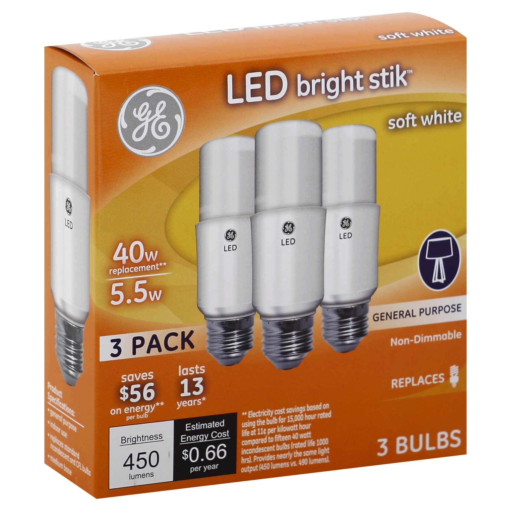 slide 1 of 1, GE Light Bulbs, Led, Bright Stik, Soft White, 5.5 Watts, 3 ct