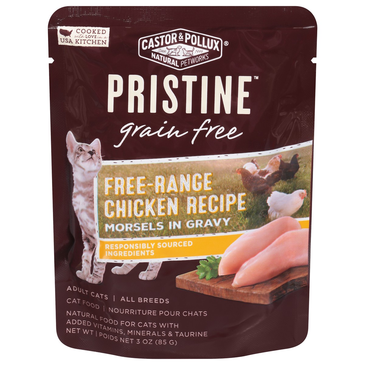 slide 1 of 1, Castor & Pollux Cat Food Chicken Morsels In Gravy, 3 oz