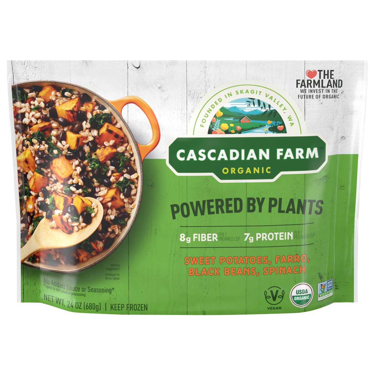 slide 1 of 9, Cascadian Farm Organic Powered By Plants Frozen Vegetables – Sweet Potatoes, Farro, Black Beans and Spinach, 24 oz., 24 oz