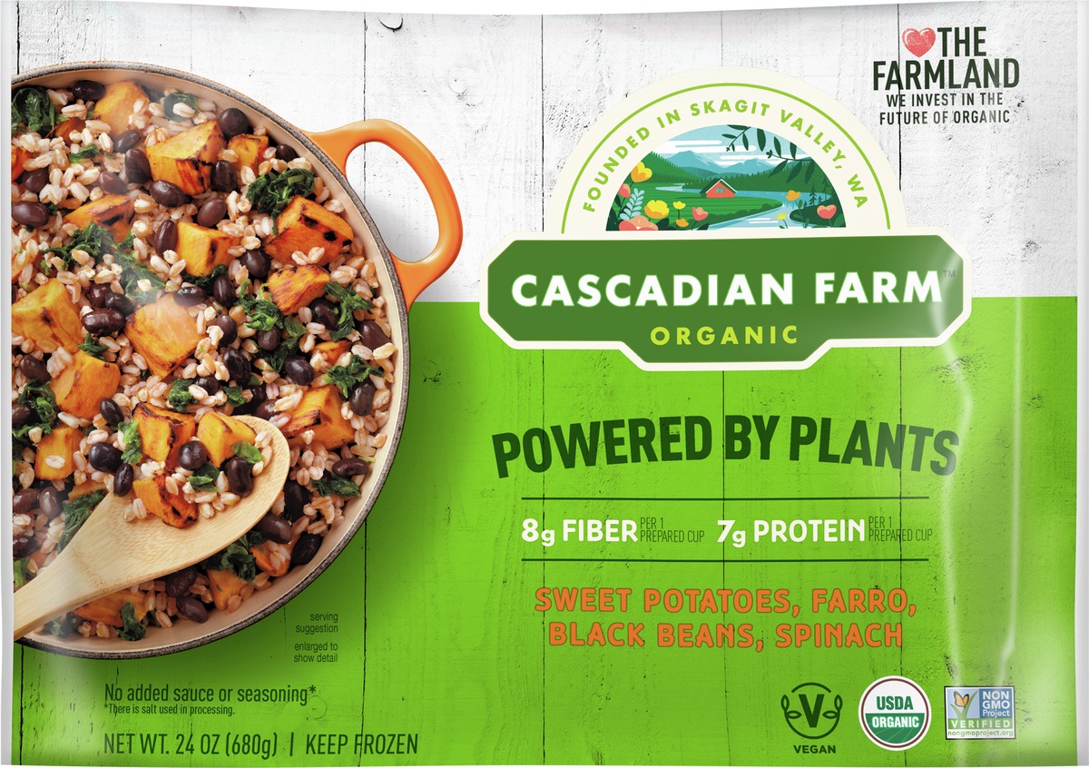 slide 3 of 9, Cascadian Farm Organic Powered By Plants Frozen Vegetables – Sweet Potatoes, Farro, Black Beans and Spinach, 24 oz., 24 oz