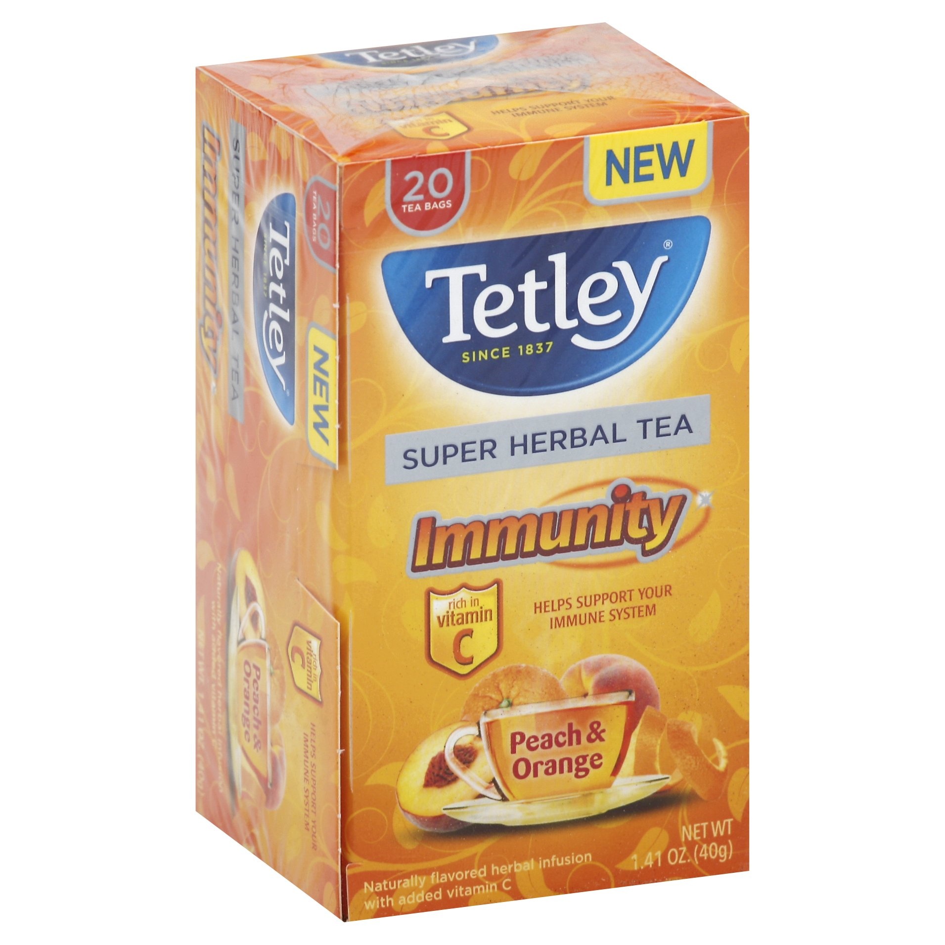 slide 1 of 1, Tetley Immunity Peach & Orange Super Herbal Tea, 20 ct
