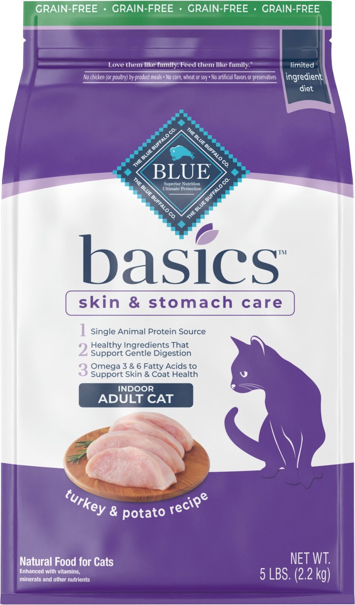 slide 3 of 13, Blue Buffalo Blue Basics Limited Ingredient Grain Free Turkey & Potato Indoor Adult Cat Food, 5 lb