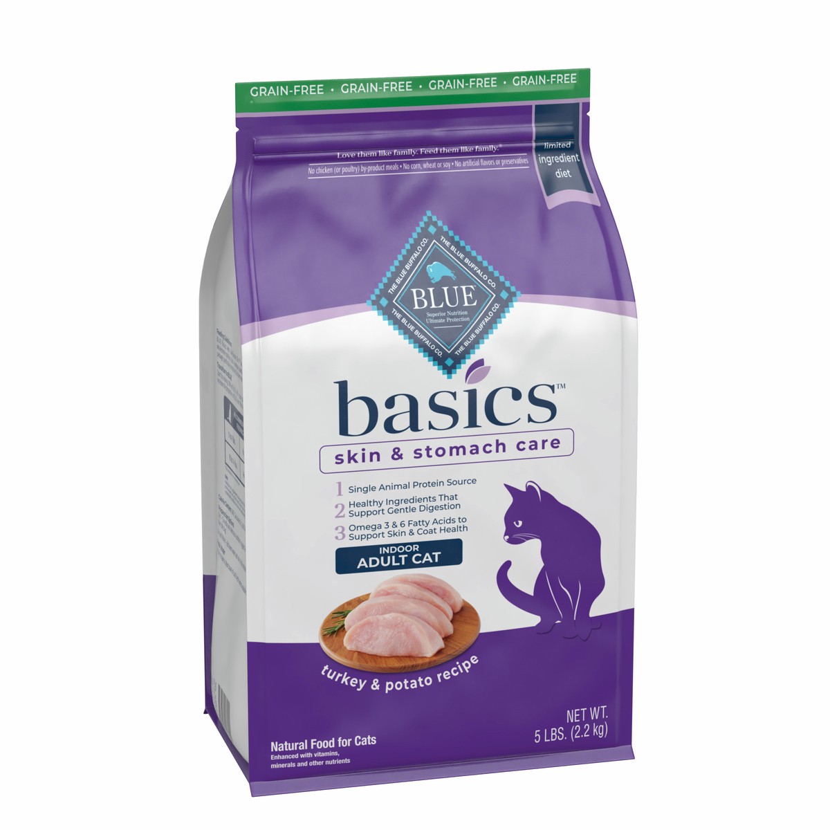 slide 7 of 13, Blue Buffalo Blue Basics Limited Ingredient Grain Free Turkey & Potato Indoor Adult Cat Food, 5 lb