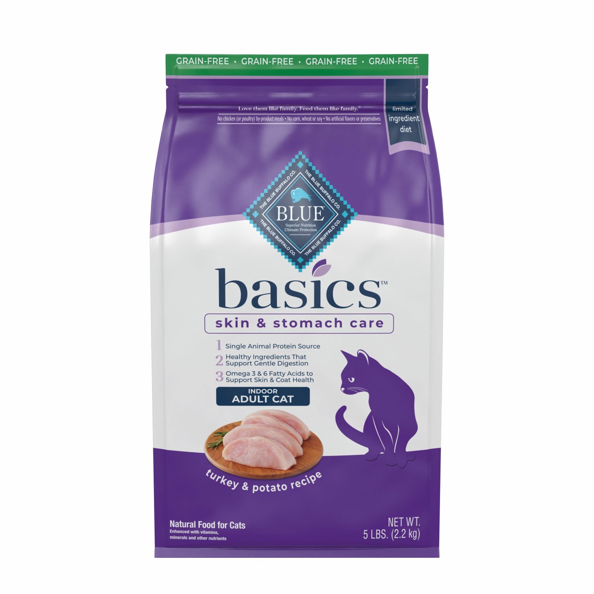 slide 10 of 13, Blue Buffalo Blue Basics Limited Ingredient Grain Free Turkey & Potato Indoor Adult Cat Food, 5 lb